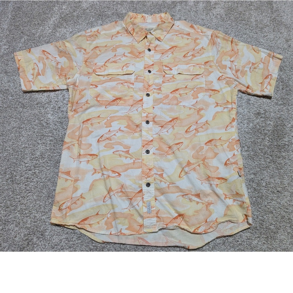 Cabelas Mens Large Button Up Short Sleeve Fish Print Fishing Shirt Button Up